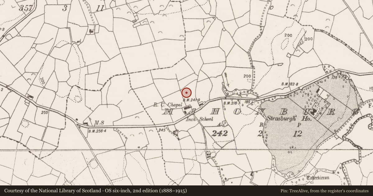 Ordnance Survey six-inch map, 2nd edition (1888–1915) covering the location of Ringfort - rath, Mahonburgh, County Clare, with a pin at the register's coordinates