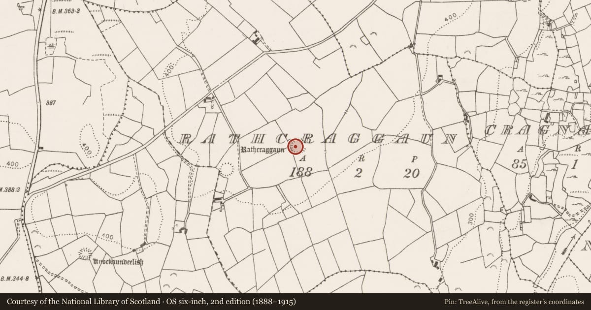 Ordnance Survey six-inch map, 2nd edition (1888–1915) covering the location of Ringfort - rath, Rathcraggaun, County Clare, with a pin at the register's coordinates