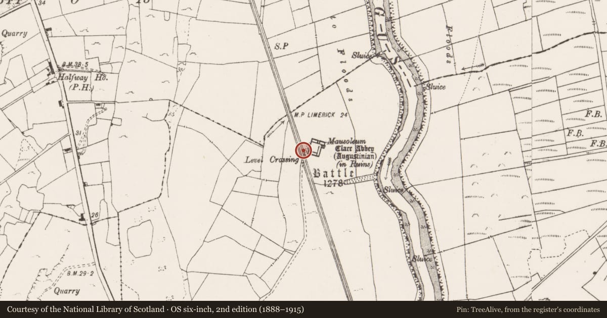 Ordnance Survey six-inch map, 2nd edition (1888–1915) covering the location of Road - road/trackway, Clareabbey, County Clare, with a pin at the register's coordinates