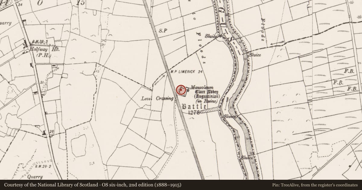 Ordnance Survey six-inch map, 2nd edition (1888–1915) covering the location of Headstone, Clareabbey, County Clare, with a pin at the register's coordinates