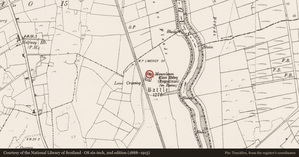 Ordnance Survey six-inch map, 2nd edition (1888–1915) covering the location of Graveslab, Clareabbey, County Clare, with a pin at the register's coordinates