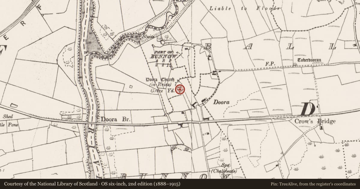 Ordnance Survey six-inch map, 2nd edition (1888–1915) covering the location of Graveyard, Ballaghboy, Bunnow, County Clare, with a pin at the register's coordinates