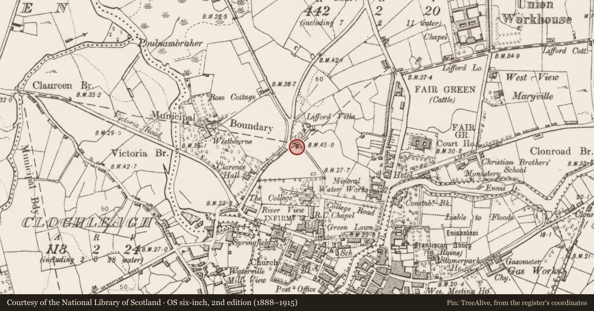 Ordnance Survey six-inch map, 2nd edition (1888–1915) covering the location of Windmill, Lifford, County Clare, with a pin at the register's coordinates