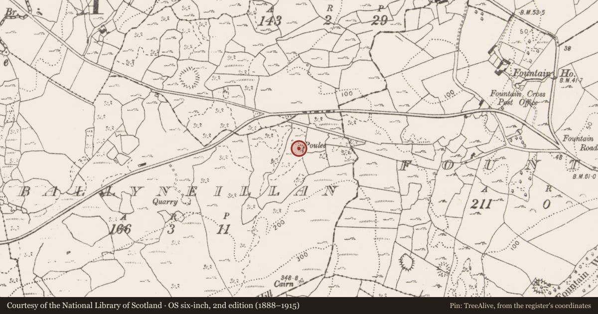 Ordnance Survey six-inch map, 2nd edition (1888–1915) covering the location of Cairn - burial cairn, Ballyneillan, County Clare, with a pin at the register's coordinates