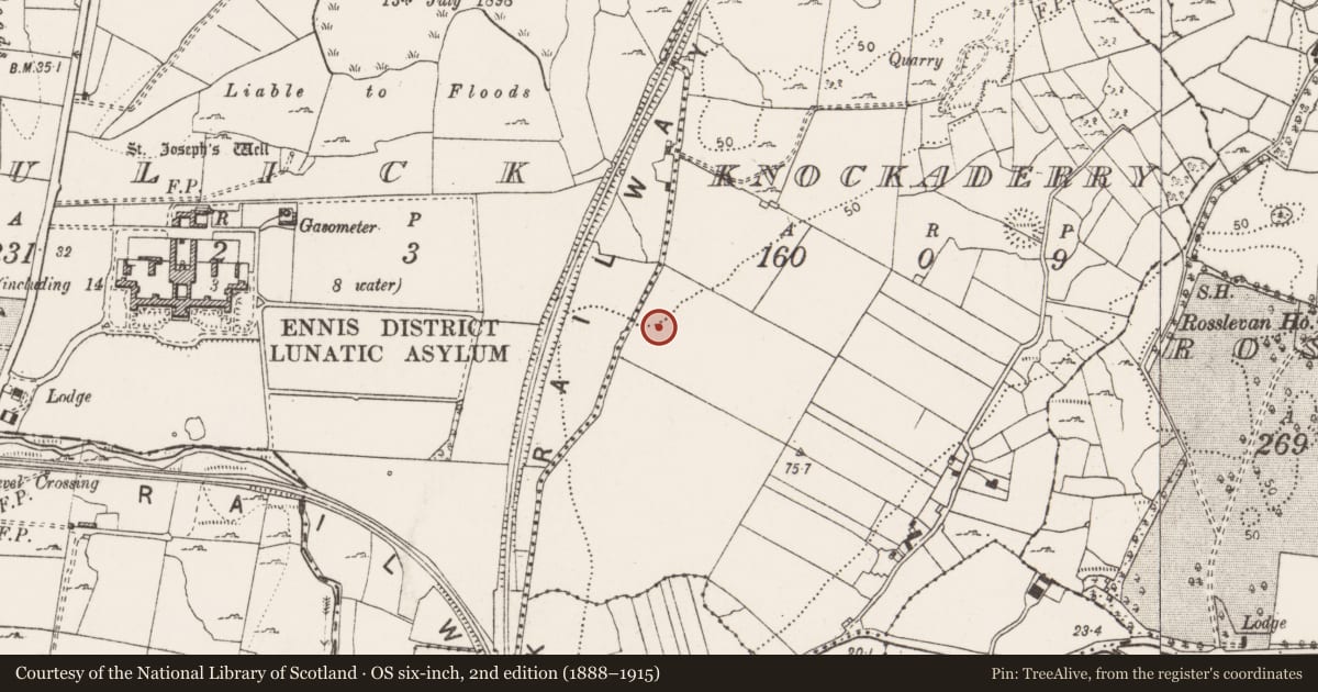 Ordnance Survey six-inch map, 2nd edition (1888–1915) covering the location of Enclosure, Knockaderry, County Clare, with a pin at the register's coordinates