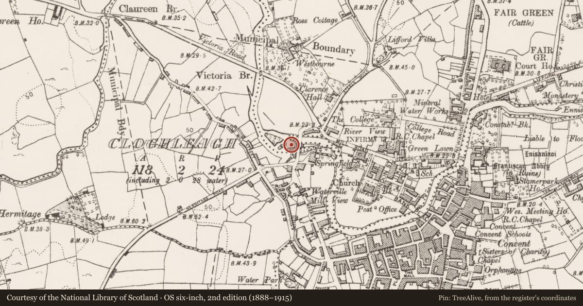 Ordnance Survey six-inch map, 2nd edition (1888–1915) covering the location of Water mill - vertical-wheeled, Cloghleagh, Lifford, County Clare, with a pin at the register's coordinates