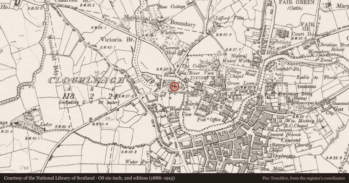 Ordnance Survey six-inch map, 2nd edition (1888–1915) covering the location of Water mill - vertical-wheeled, Cloghleagh, County Clare, with a pin at the register's coordinates