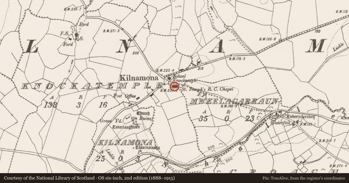 Ordnance Survey six-inch map, 2nd edition (1888–1915) covering the location of Castle - unclassified, Ballynabinnia, County Clare, with a pin at the register's coordinates
