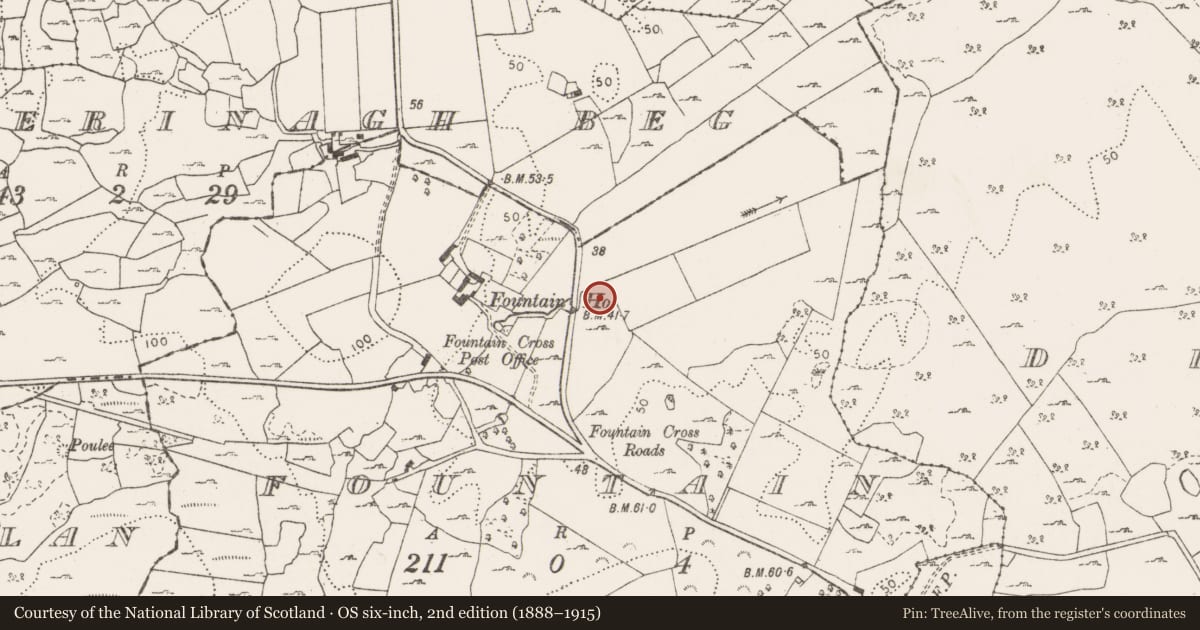 Ordnance Survey six-inch map, 2nd edition (1888–1915) covering the location of Fulacht fia, Fountain, County Clare, with a pin at the register's coordinates
