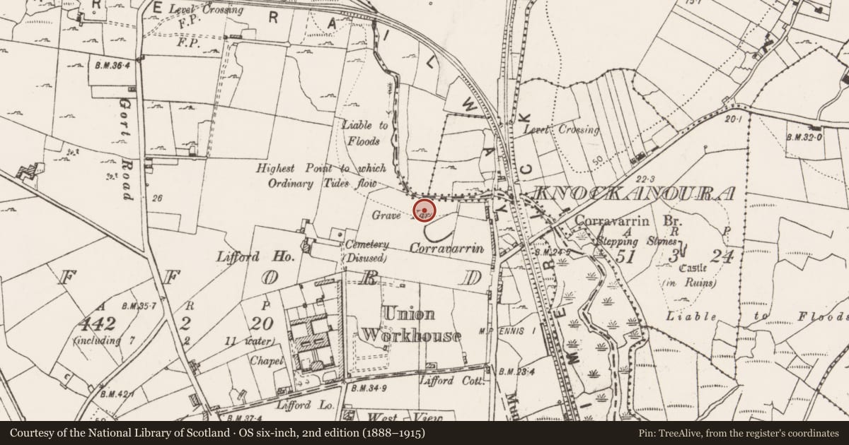 Ordnance Survey six-inch map, 2nd edition (1888–1915) covering the location of Burnt mound, Lifford, County Clare, with a pin at the register's coordinates