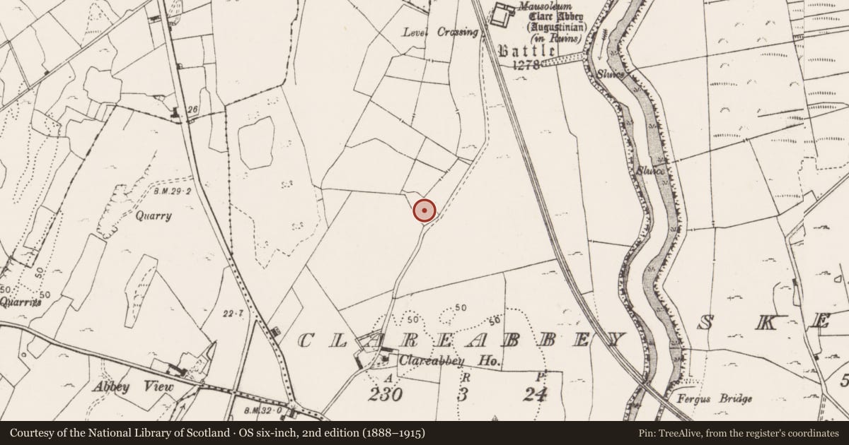 Ordnance Survey six-inch map, 2nd edition (1888–1915) covering the location of Burnt mound, Clareabbey, County Clare, with a pin at the register's coordinates