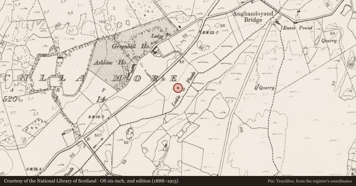 Ordnance Survey six-inch map, 2nd edition (1888–1915) covering the location of Burnt mound, Cahircalla More, County Clare, with a pin at the register's coordinates