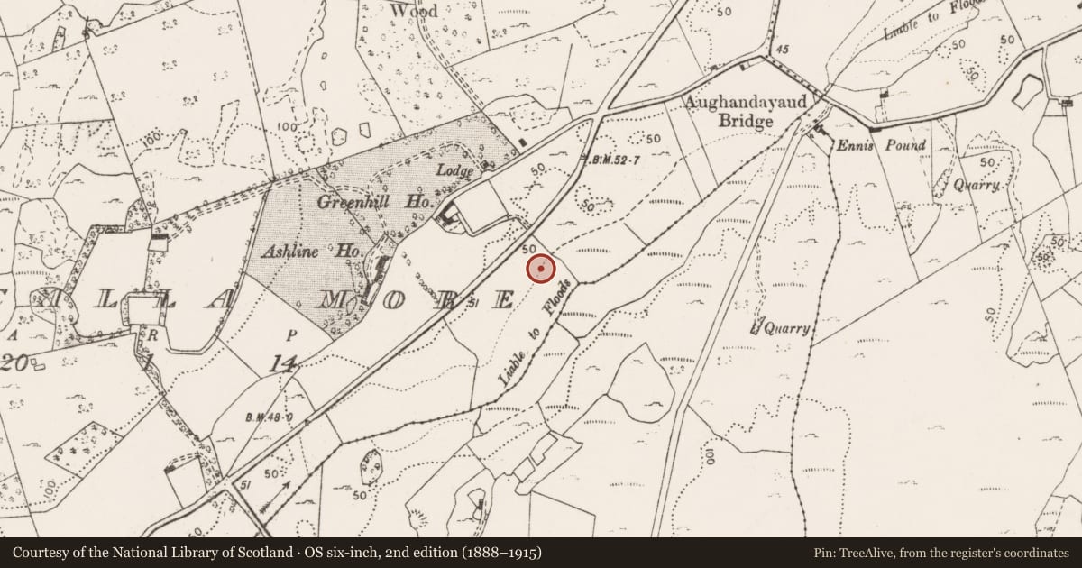 Ordnance Survey six-inch map, 2nd edition (1888–1915) covering the location of Burnt mound, Cahircalla More, County Clare, with a pin at the register's coordinates