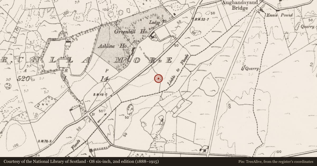Ordnance Survey six-inch map, 2nd edition (1888–1915) covering the location of Burnt mound, Cahircalla More, County Clare, with a pin at the register's coordinates