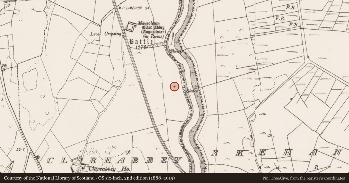 Ordnance Survey six-inch map, 2nd edition (1888–1915) covering the location of Brickworks, Clareabbey, County Clare, with a pin at the register's coordinates