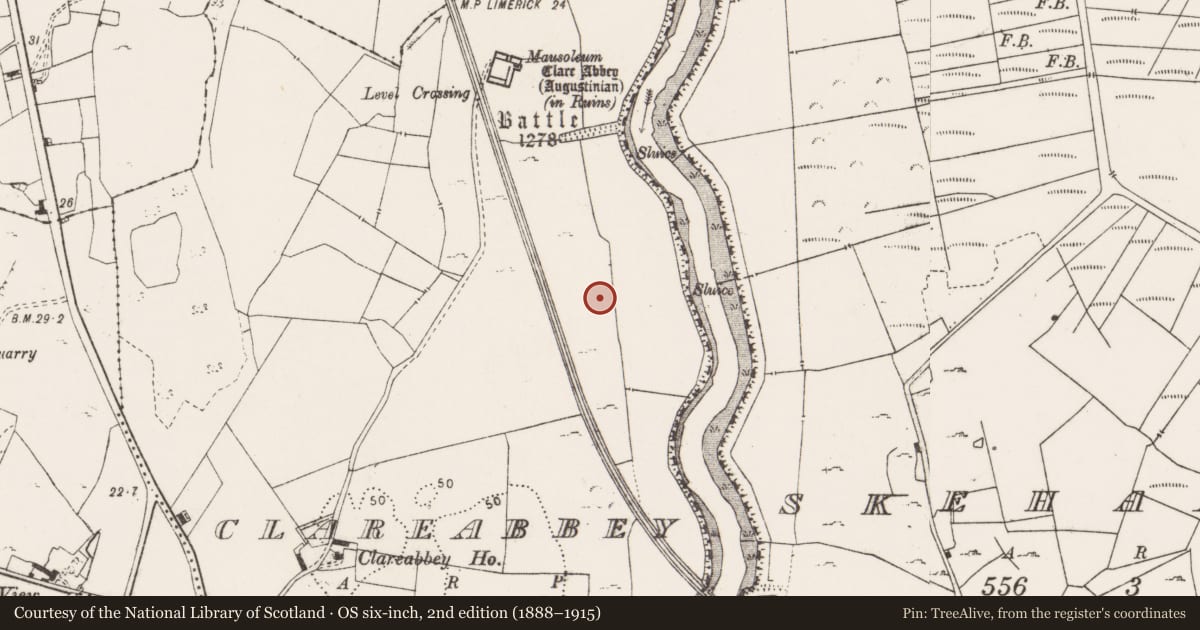 Ordnance Survey six-inch map, 2nd edition (1888–1915) covering the location of Burnt mound, Clareabbey, County Clare, with a pin at the register's coordinates