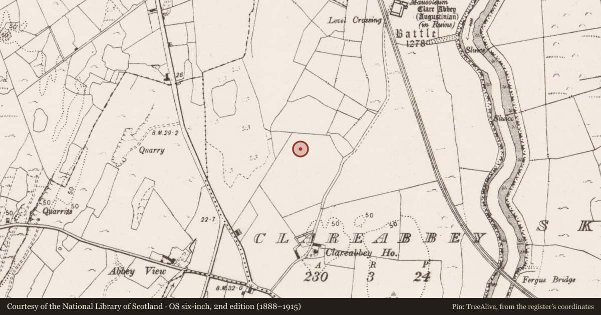 Ordnance Survey six-inch map, 2nd edition (1888–1915) covering the location of Excavation - miscellaneous, Clareabbey, County Clare, with a pin at the register's coordinates