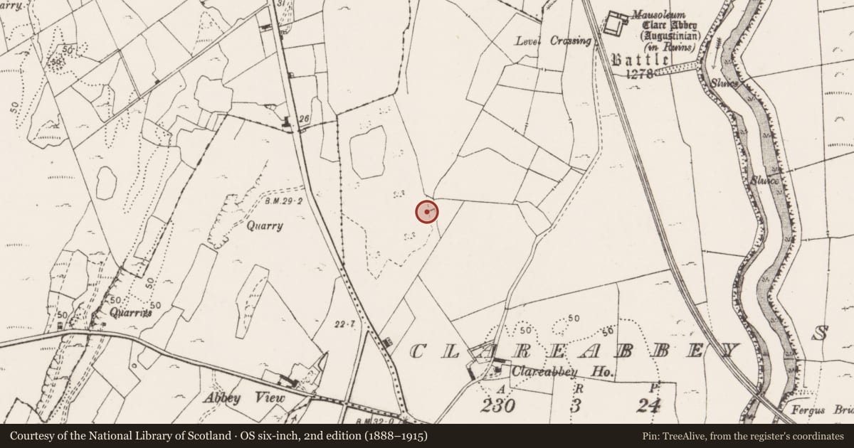 Ordnance Survey six-inch map, 2nd edition (1888–1915) covering the location of Burnt mound, Clareabbey, County Clare, with a pin at the register's coordinates