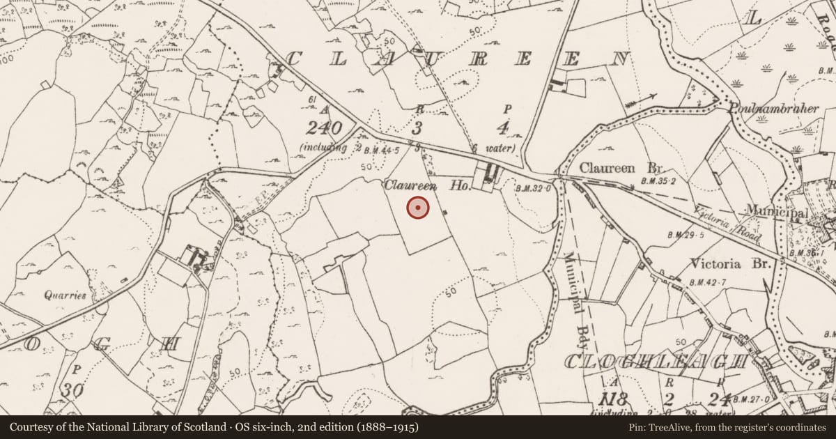 Ordnance Survey six-inch map, 2nd edition (1888–1915) covering the location of Ring-ditch, Claureen, County Clare, with a pin at the register's coordinates