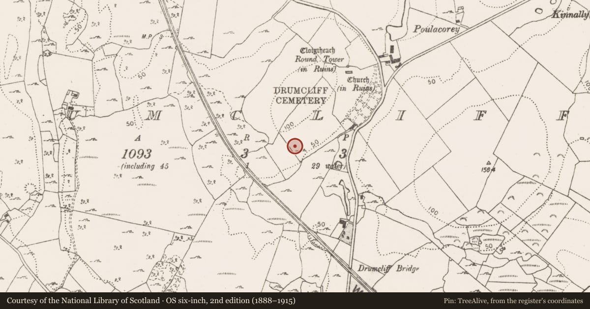 Ordnance Survey six-inch map, 2nd edition (1888–1915) covering the location of Enclosure, Drumcliff, County Clare, with a pin at the register's coordinates