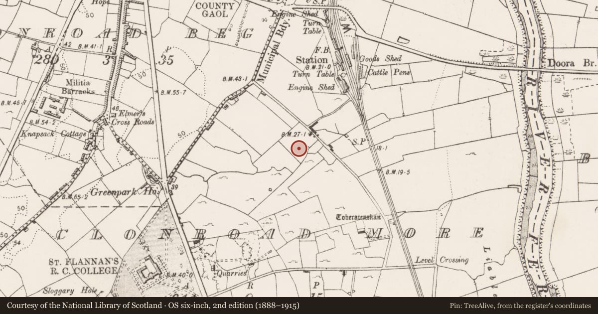 Ordnance Survey six-inch map, 2nd edition (1888–1915) covering the location of Mound, Clonroad More, County Clare, with a pin at the register's coordinates
