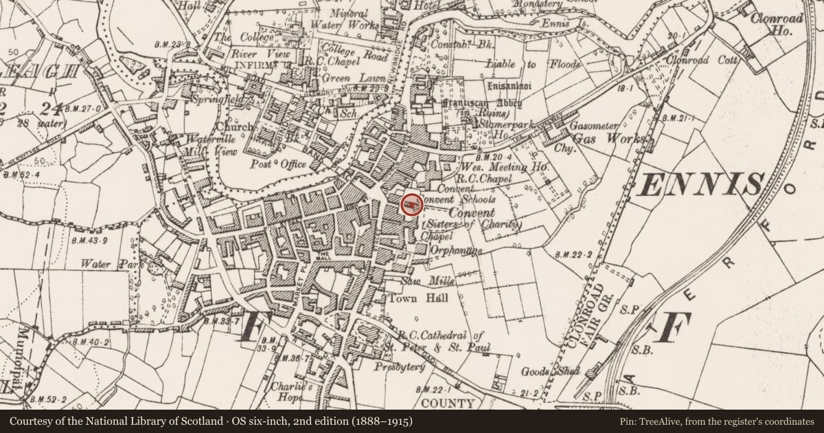Ordnance Survey six-inch map, 2nd edition (1888–1915) covering the location of Cross-slab (present location), Clonroad Beg, County Clare, with a pin at the register's coordinates