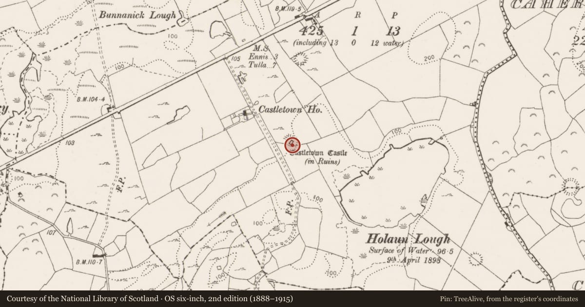 Ordnance Survey six-inch map, 2nd edition (1888–1915) covering the location of Castle - tower house, Muckinish, County Clare, with a pin at the register's coordinates