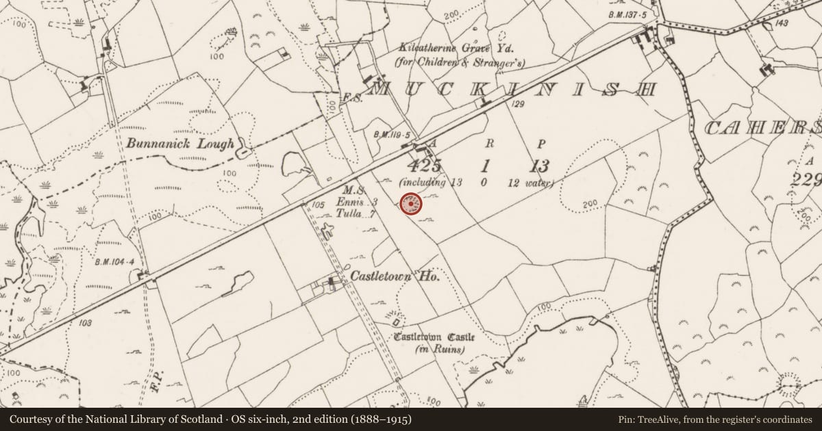 Ordnance Survey six-inch map, 2nd edition (1888–1915) covering the location of Ringfort - cashel, Muckinish, County Clare, with a pin at the register's coordinates