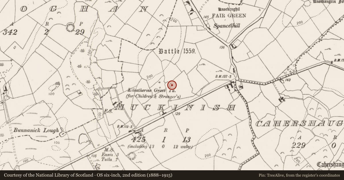 Ordnance Survey six-inch map, 2nd edition (1888–1915) covering the location of Children's burial ground, Muckinish, County Clare, with a pin at the register's coordinates