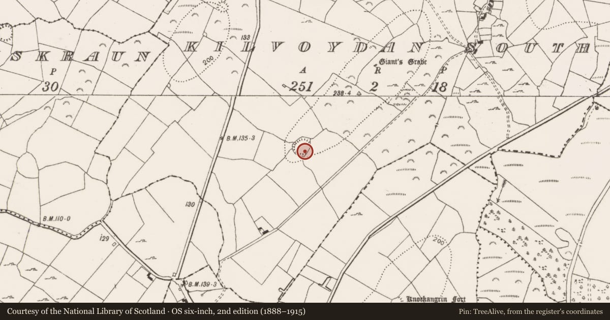 Ordnance Survey six-inch map, 2nd edition (1888–1915) covering the location of Ringfort - rath, Kilvoydan South, County Clare, with a pin at the register's coordinates
