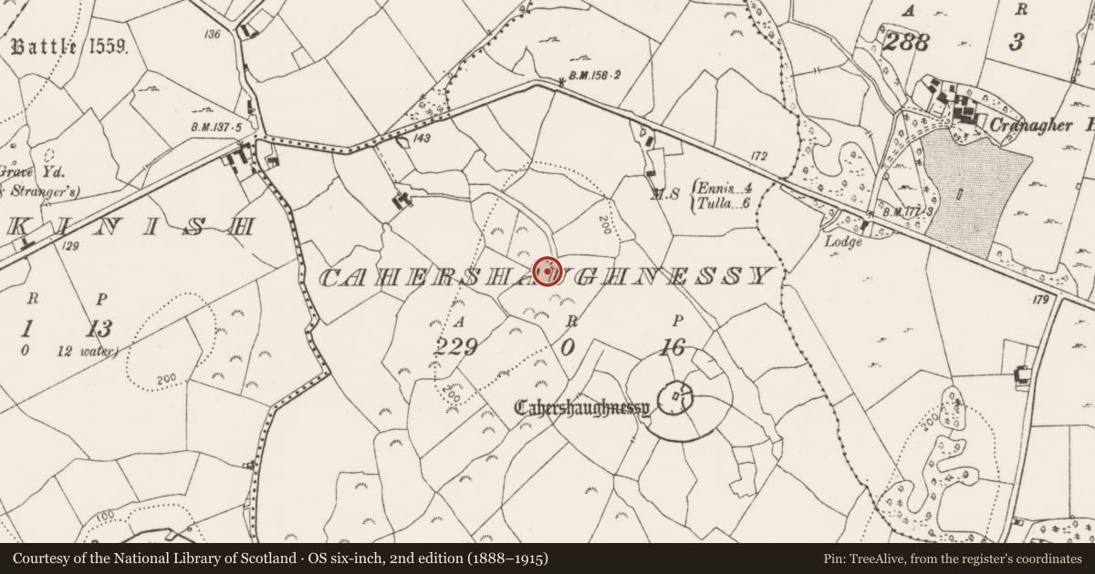 Ordnance Survey six-inch map, 2nd edition (1888–1915) covering the location of Ringfort - rath, Cahershaughnessy, County Clare, with a pin at the register's coordinates