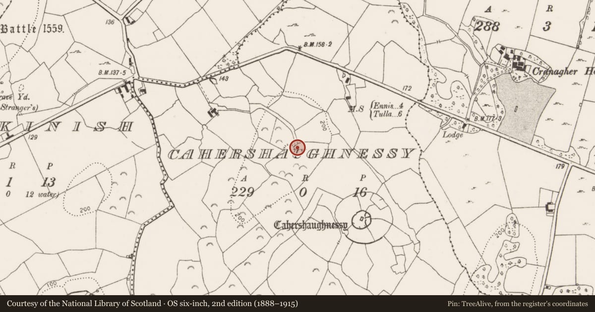 Ordnance Survey six-inch map, 2nd edition (1888–1915) covering the location of Standing stone, Cahershaughnessy, County Clare, with a pin at the register's coordinates