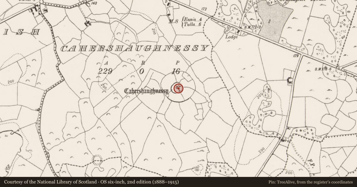 Ordnance Survey six-inch map, 2nd edition (1888–1915) covering the location of Hut site, Cahershaughnessy, County Clare, with a pin at the register's coordinates