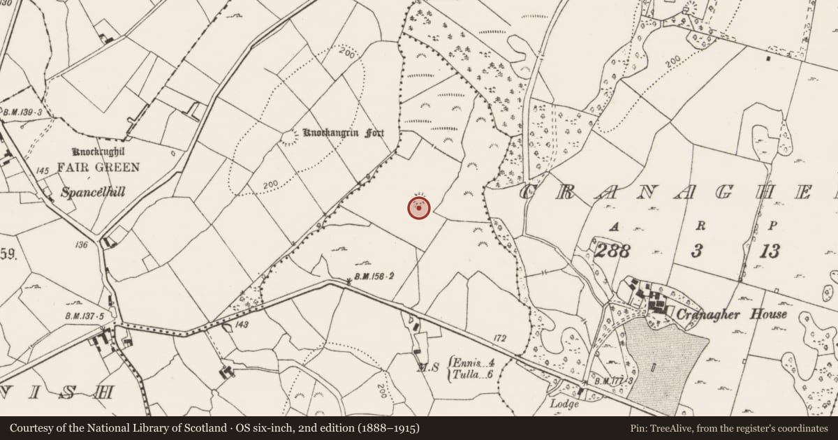 Ordnance Survey six-inch map, 2nd edition (1888–1915) covering the location of Enclosure, Cahershaughnessy, County Clare, with a pin at the register's coordinates