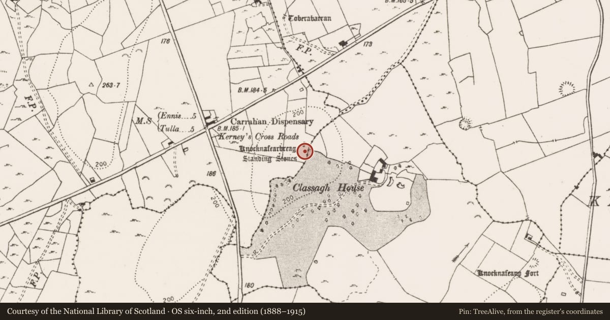 Ordnance Survey six-inch map, 2nd edition (1888–1915) covering the location of Stone row, Knockanoura, County Clare, with a pin at the register's coordinates