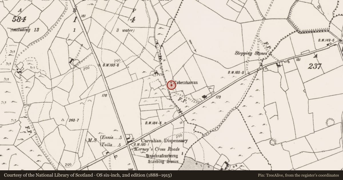 Ordnance Survey six-inch map, 2nd edition (1888–1915) covering the location of Ritual site - holy well, Ballyvergin, County Clare, with a pin at the register's coordinates