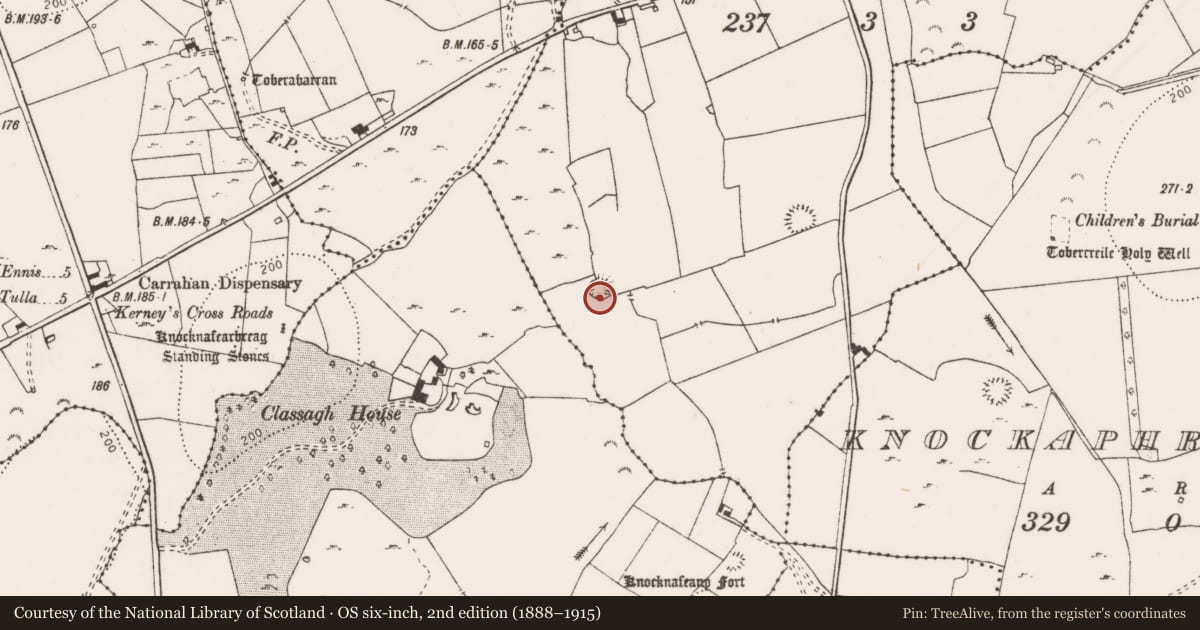 Ordnance Survey six-inch map, 2nd edition (1888–1915) covering the location of Ringfort - cashel, Carrahan, County Clare, with a pin at the register's coordinates