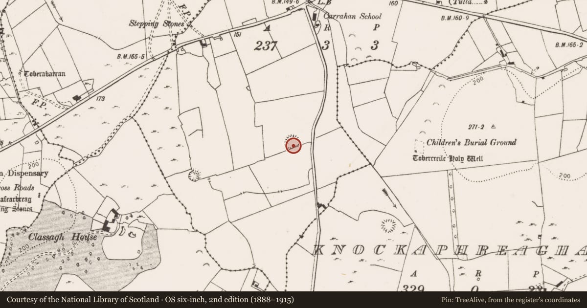 Ordnance Survey six-inch map, 2nd edition (1888–1915) covering the location of Ringfort - rath, Carrahan, County Clare, with a pin at the register's coordinates