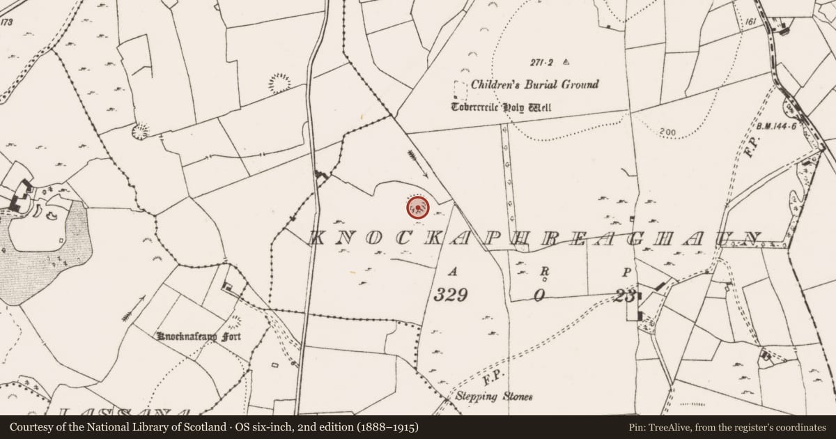 Ordnance Survey six-inch map, 2nd edition (1888–1915) covering the location of Ringfort - cashel, Knockaphreaghaun, County Clare, with a pin at the register's coordinates