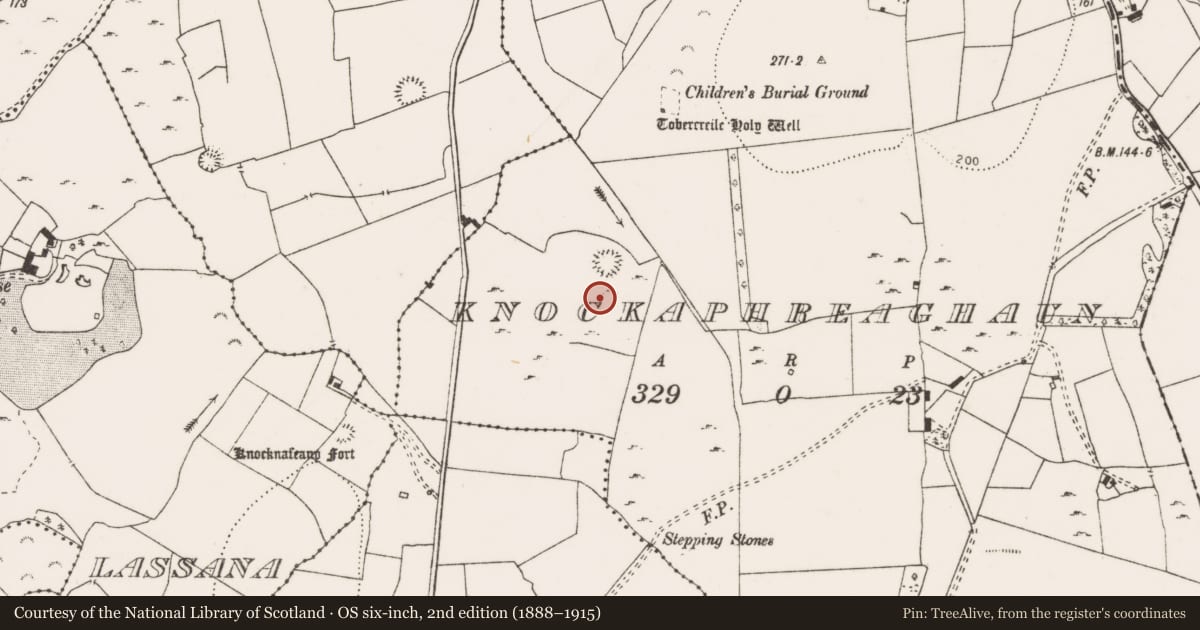 Ordnance Survey six-inch map, 2nd edition (1888–1915) covering the location of Field boundary, Knockaphreaghaun, County Clare, with a pin at the register's coordinates