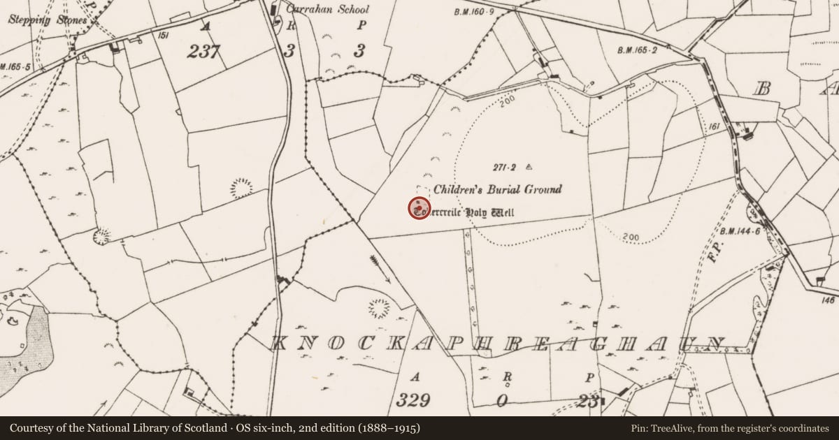 Ordnance Survey six-inch map, 2nd edition (1888–1915) covering the location of Ritual site - holy well, Knockaphreaghaun, County Clare, with a pin at the register's coordinates