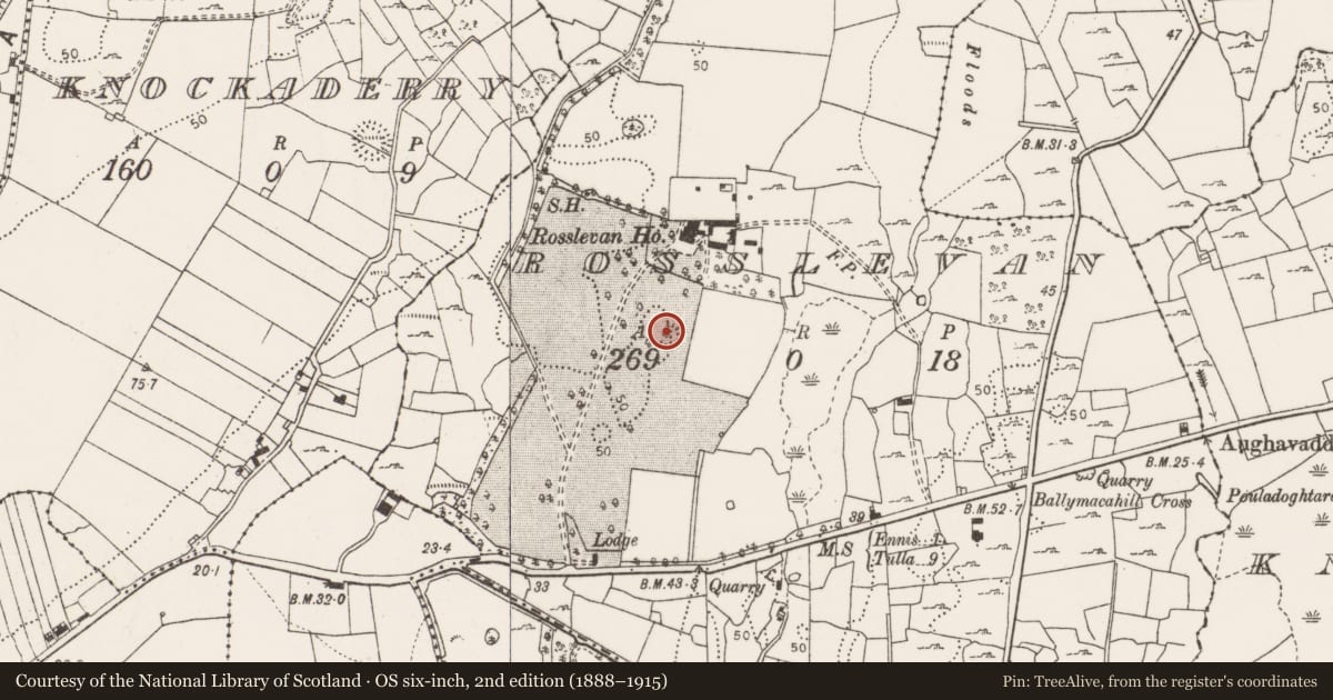 Ordnance Survey six-inch map, 2nd edition (1888–1915) covering the location of Ringfort - rath, Rosslevan, County Clare, with a pin at the register's coordinates