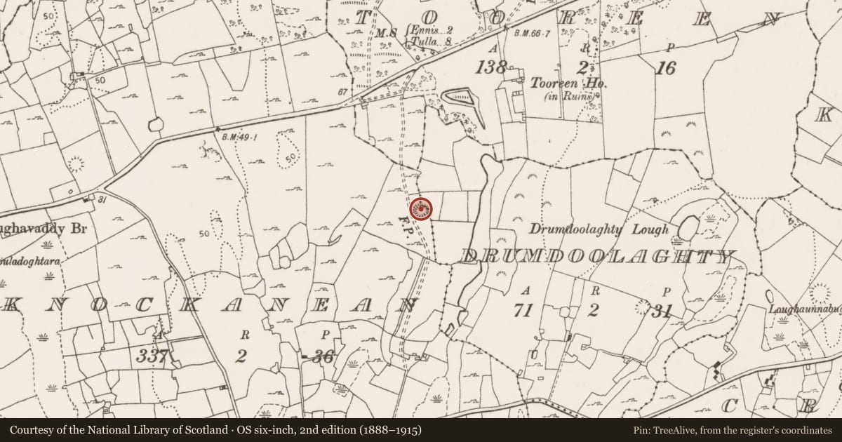 Ordnance Survey six-inch map, 2nd edition (1888–1915) covering the location of Earthwork, Knockanean, County Clare, with a pin at the register's coordinates