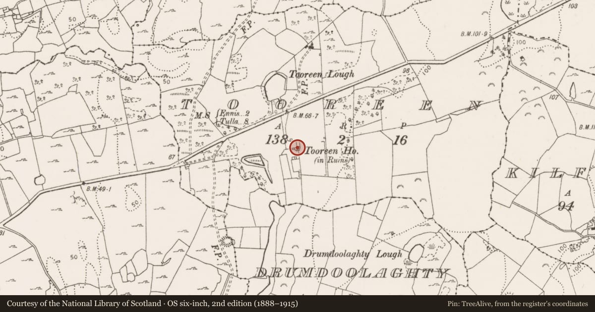 Ordnance Survey six-inch map, 2nd edition (1888–1915) covering the location of House - 16th/17th century, Tooreen, County Clare, with a pin at the register's coordinates