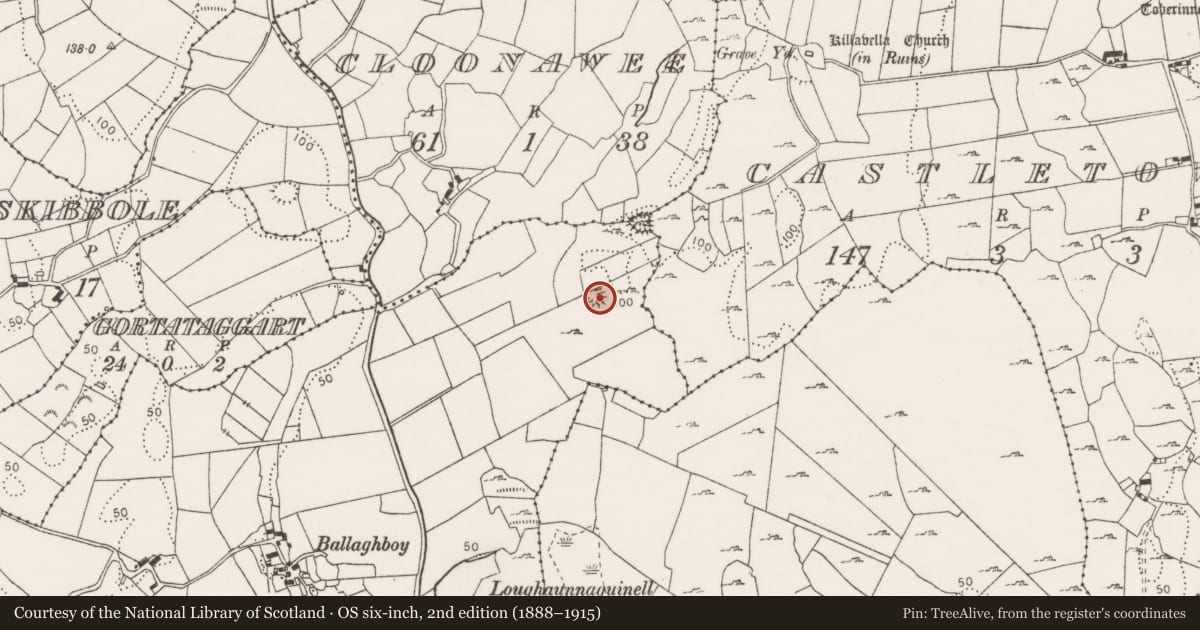 Ordnance Survey six-inch map, 2nd edition (1888–1915) covering the location of Enclosure, Ballaghboy, County Clare, with a pin at the register's coordinates