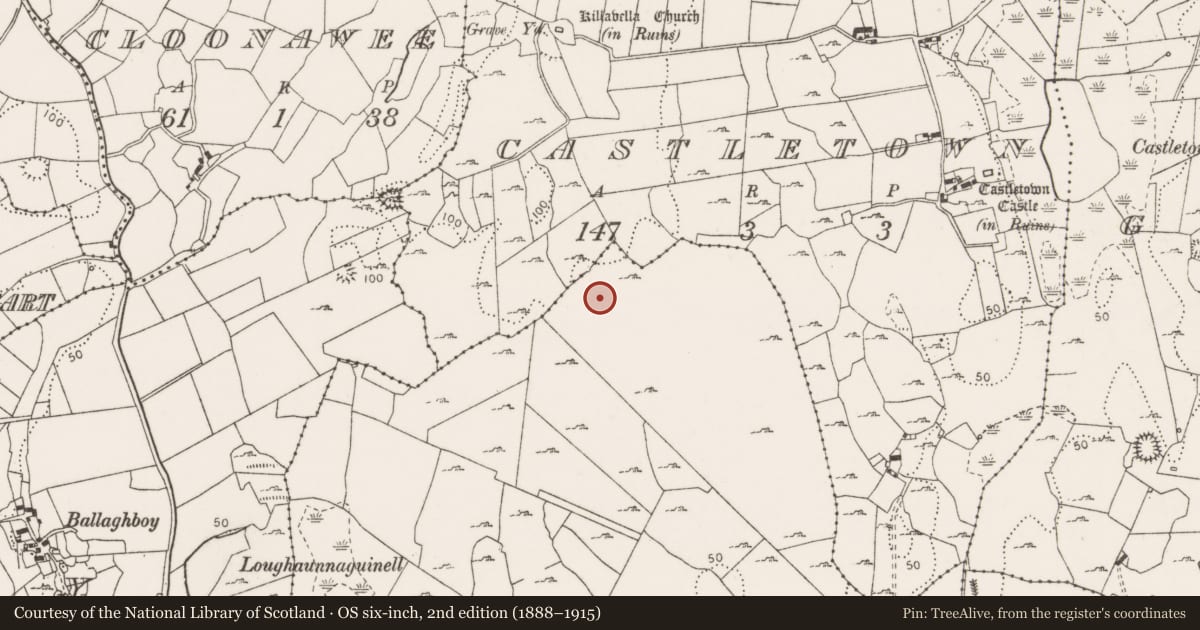 Ordnance Survey six-inch map, 2nd edition (1888–1915) covering the location of Earthwork, Knockhogan, County Clare, with a pin at the register's coordinates