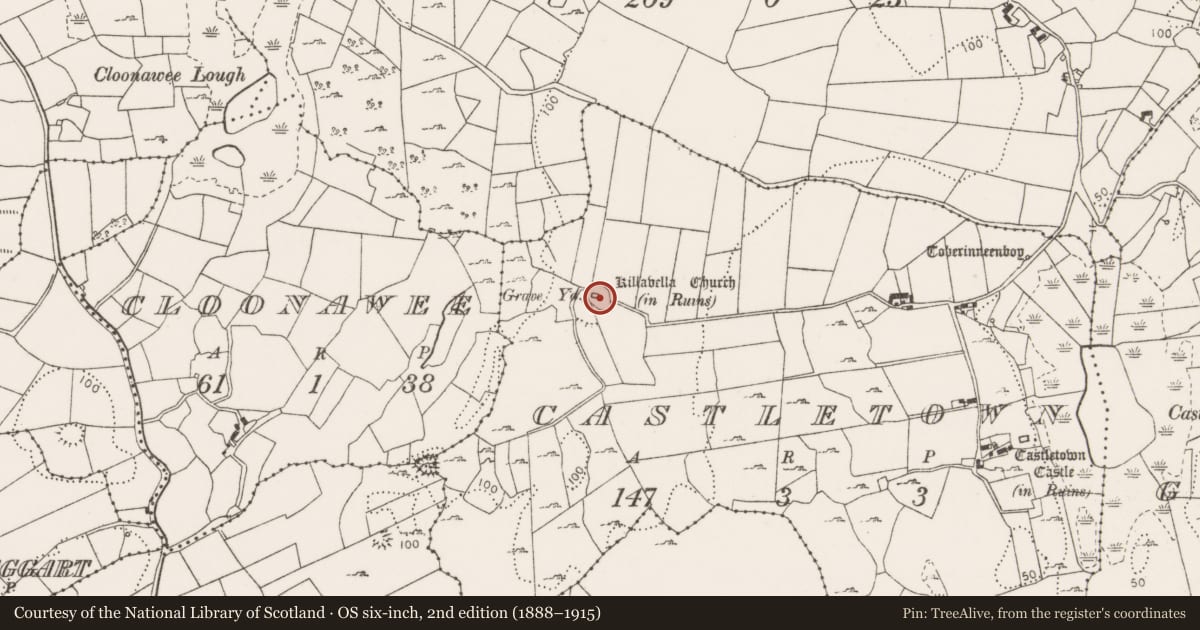 Ordnance Survey six-inch map, 2nd edition (1888–1915) covering the location of Church, Castletown, County Clare, with a pin at the register's coordinates