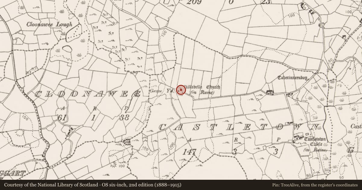 Ordnance Survey six-inch map, 2nd edition (1888–1915) covering the location of Graveyard, Castletown, County Clare, with a pin at the register's coordinates