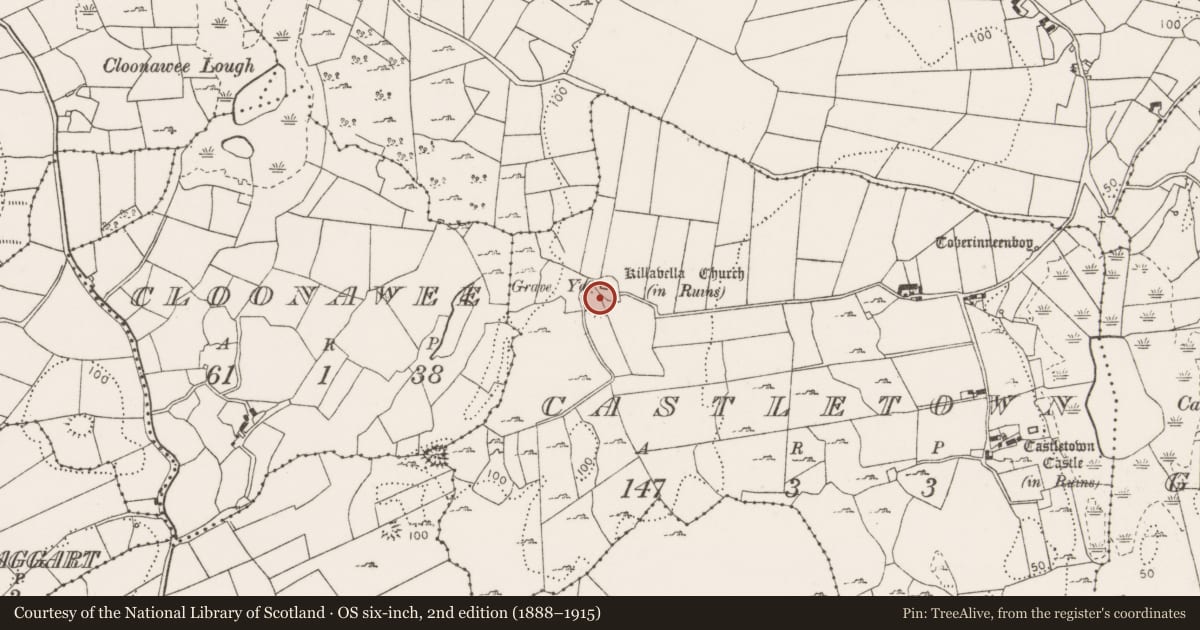 Ordnance Survey six-inch map, 2nd edition (1888–1915) covering the location of Ecclesiastical enclosure, Castletown, County Clare, with a pin at the register's coordinates