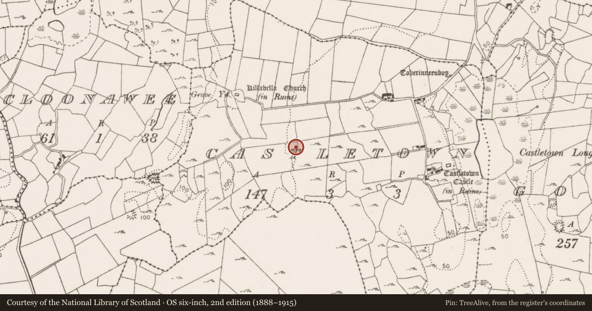 Ordnance Survey six-inch map, 2nd edition (1888–1915) covering the location of Enclosure, Castletown, County Clare, with a pin at the register's coordinates